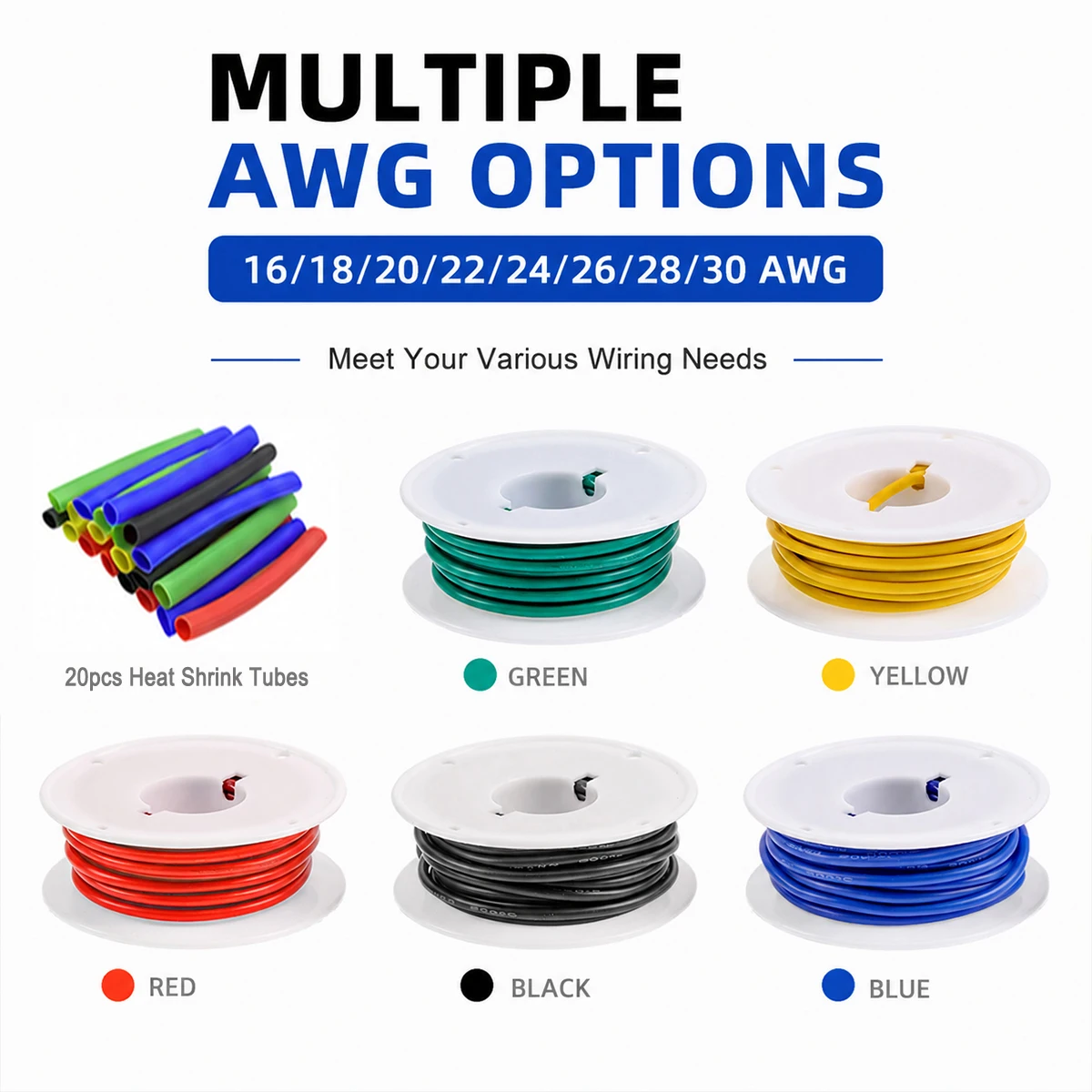 5 Colors Flexible Silicone Wire Kit, 16/18/20/22/24/26/28/30 AWG Stranded Tinned Copper Electrical Insulation Cable Hookup Wire Kit with Heat Shrink Tubes, Multi Gauge Wiring for Arduino, RC Cars, Boats, Drones and DIY Projects ﻿