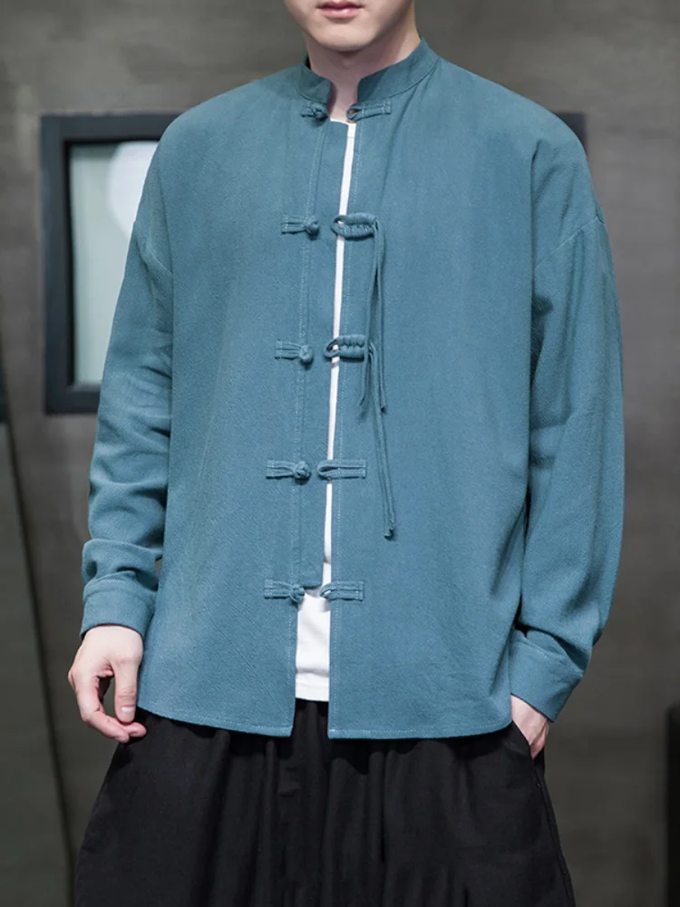 

New Chinese Style Men's Long Sleeve Linen Shirt Elderly Renovated Tang Costume Hanfu Cotton Linen Jacket Spring Fashion