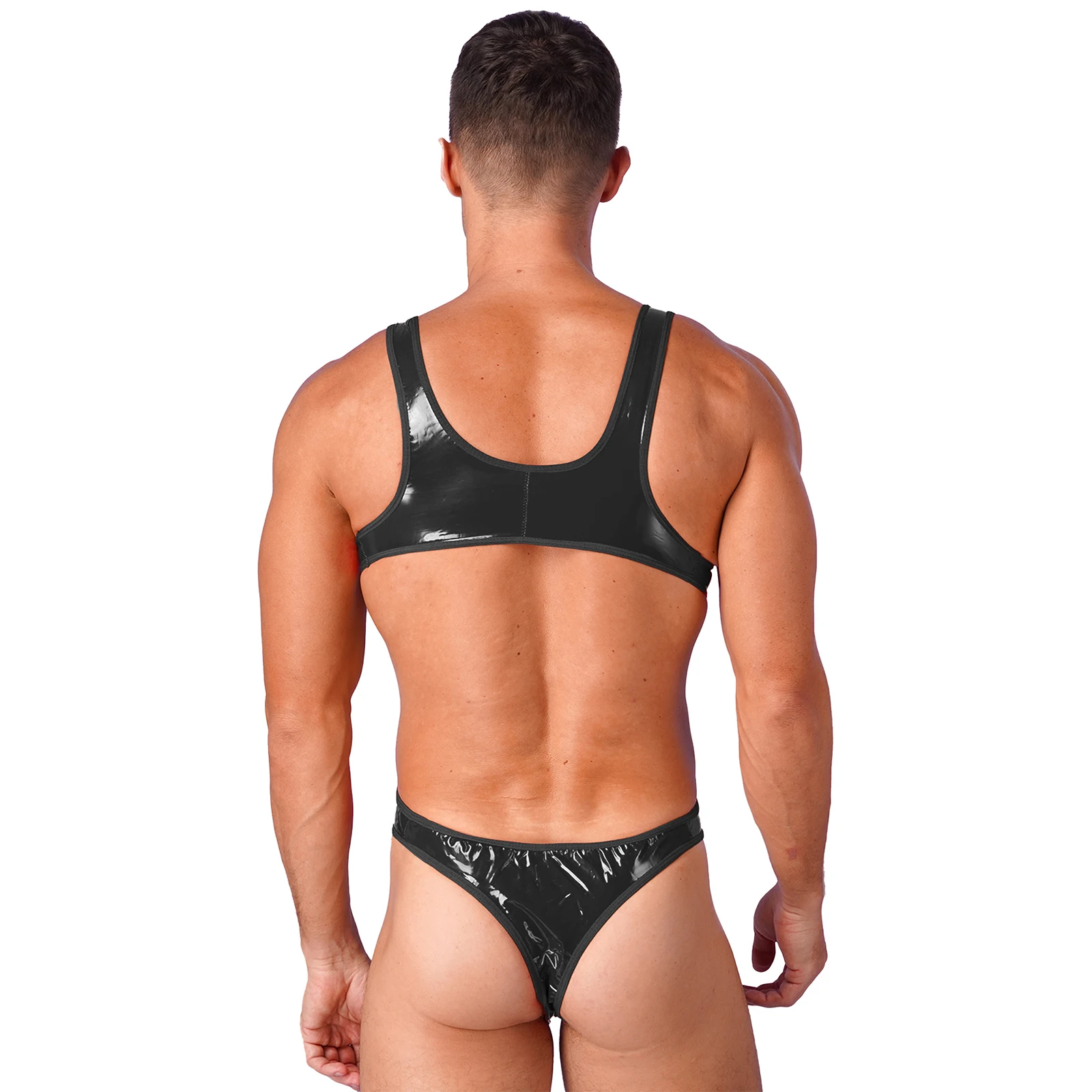 Mens Lingerie Wet Look Patent Leather Bodysuit Open Back U Neck Sleeveless Jumpsuit Lingerie One-Piece Swimsuit Party Swimwear