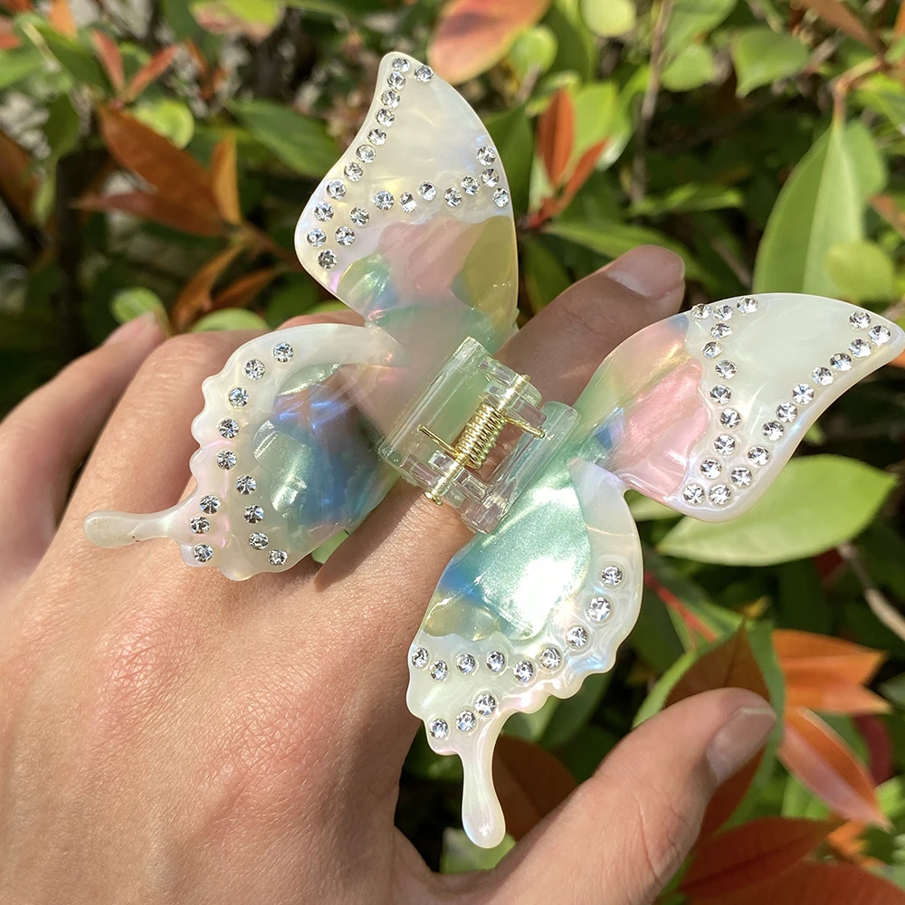 女性のための蝶のヘアクリップ,大きなヘアクリップ,アセテート,グラデーション,バタフライクロー,クリエイティブラインストーン,動物のクリップ,ヘアアクセサリー