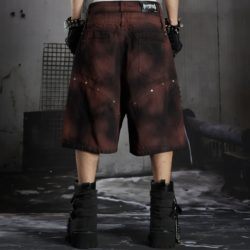 MWJLPWQ Gradient Short Pant Tribal Dark Gothic Print Side Metal Stud Rivet Decor High Waist Men Punk Oversize Casual Bottom16957