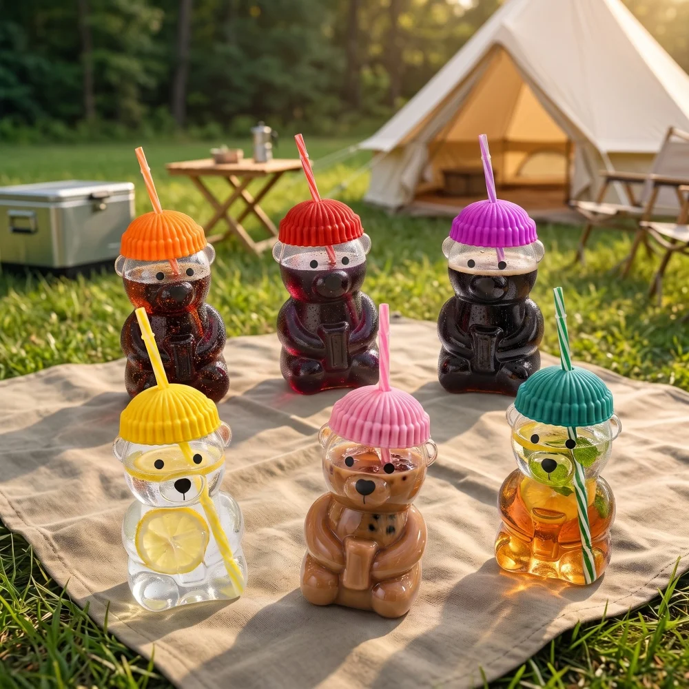 Cute Bear Glass Tumbler with Straw, 6 Colors, Safe Healthy Material Cup for Party BBQ & Dining