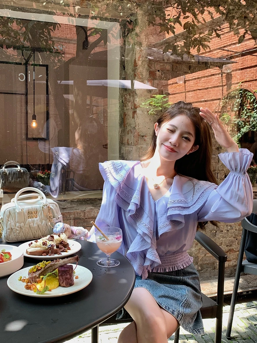 

FF BLUE Gentle Violet Garden Ruffle Collar V-Ne Design Women's irt Princ Sle Straight Tube Long Sve Pure Color