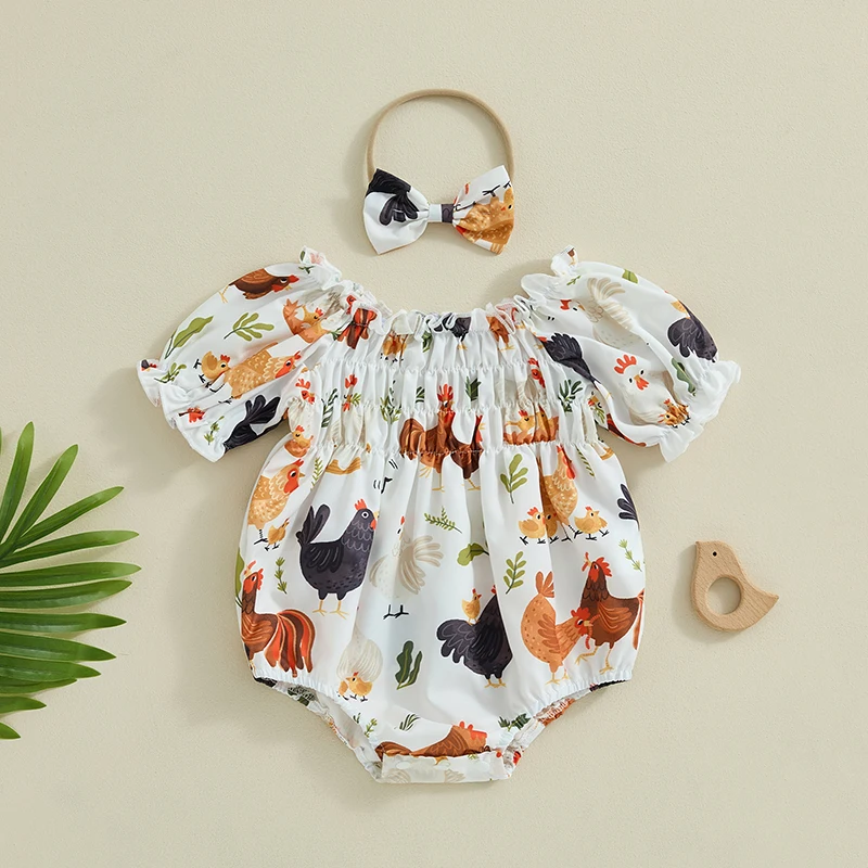 

New Baby Girls Rompers Farm Rooster Hen Print Short Sleeve Infant Bodysuits Summer Clothes With Headband 0-18 Months