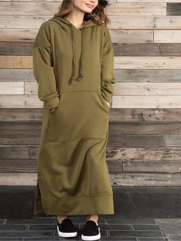 Autumn Winter New Women\'s Loose Large Knitted Hooded Long Skirt With Velvet Hoodie Casual Fashion Dress Large Pocket Skirt
