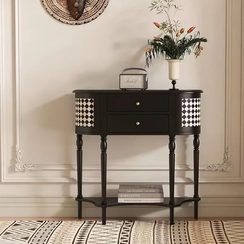 French retro entrance table, front door, semi-round entrance platform, corridor aisle, solid wood end view table rack