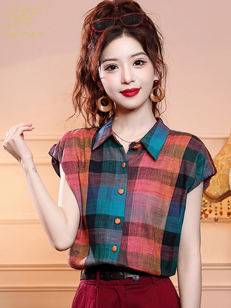 H Han Queen 2024 Summer Tops Simple Fashion Office Blouse Female Plaid Shirts Casual Korean Chiffon Short Sleeve Blouses Women