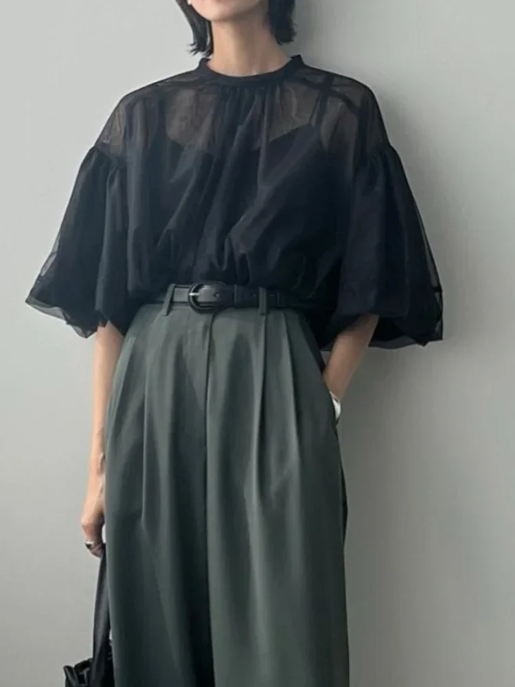 Semi-transparent Gauze Lantern Sleeve Tops Simple O-neck Vintage Elegant Solid Mesh Blouse Women Japanese New Loose Shirts