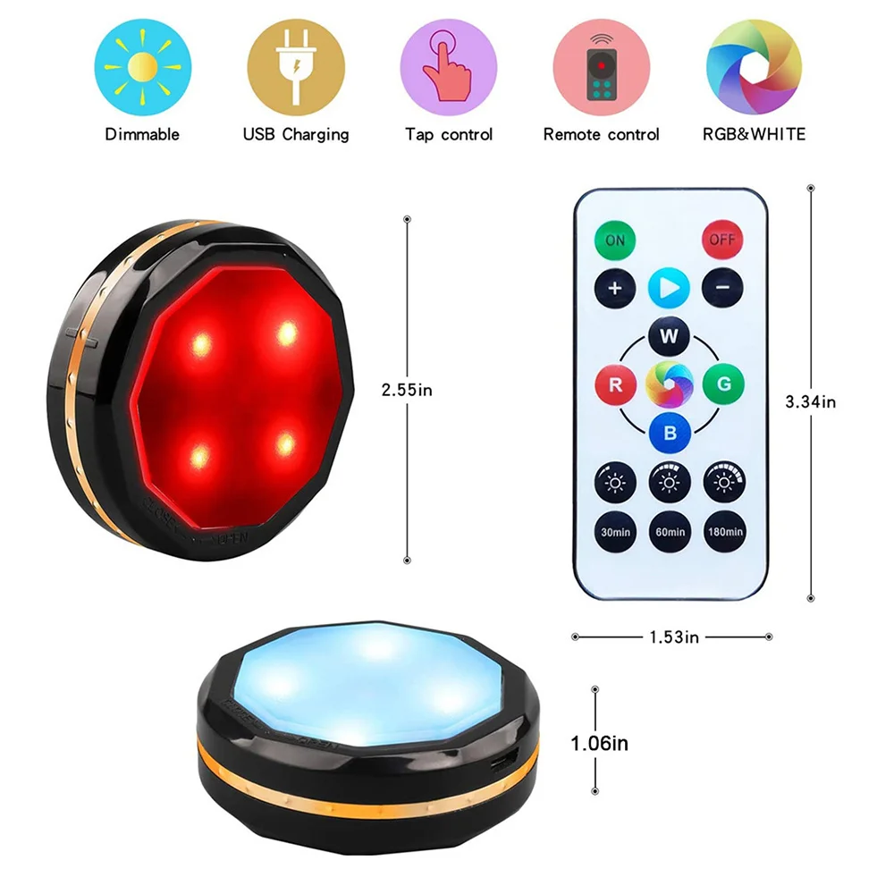 USB Rechargeable RGB Led Puck Light & Remote Controller Portable Home Decoration for Party,Holiday,Birthday DC5V
