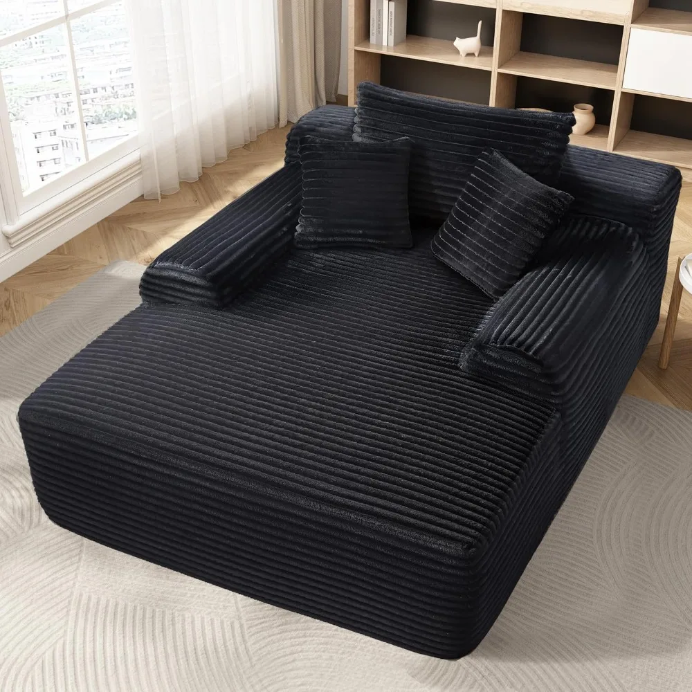 

65'' Chaise Lounge Chair Indoor, Black Plush Corduroy Cloud Couch, Fluffy Oversized Sofa Bed for Bedroom Living Room