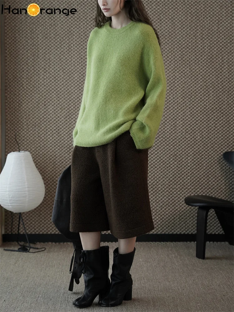 HanOrange 2026 Winter Simple Lazy Raccoon Thread Knitted Wool Sweater Women O-Neck Warm Top Apricot/Pink/Red/Mustard Green