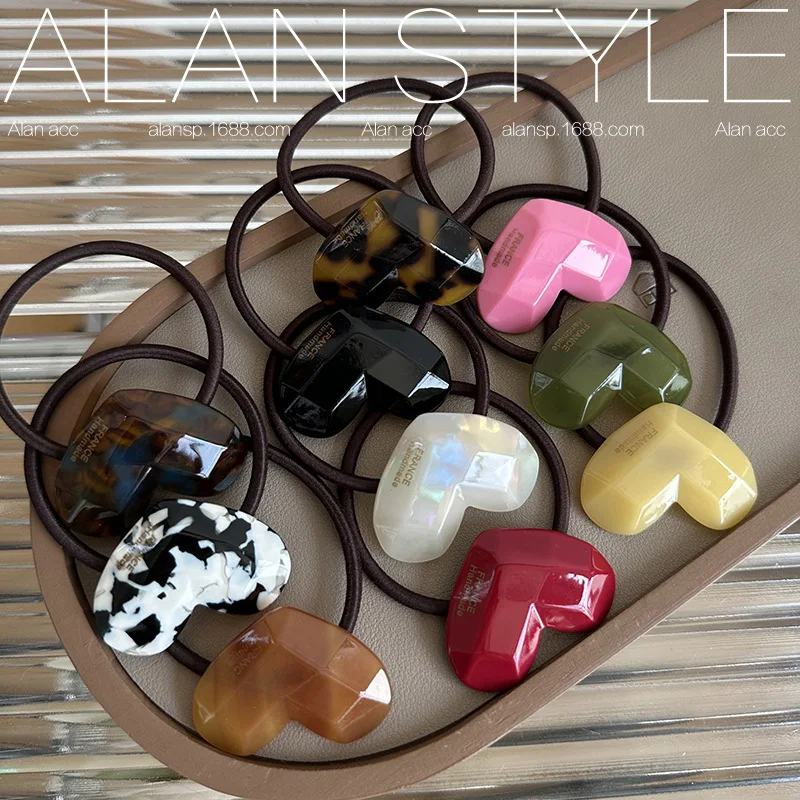 Sweet Heart Hair Ties Cream Color Basic Ponytail Holders Acetate Gold Label Elastic Bands for Women Elegant