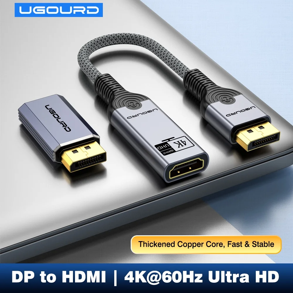 UGOURD DisplayPort DP to HDMI Adapter Male to Female 4K 60Hz 30Hz 2K 144Hz UHD Audio Sync Plug & Play for Laptop Gaming Monitor