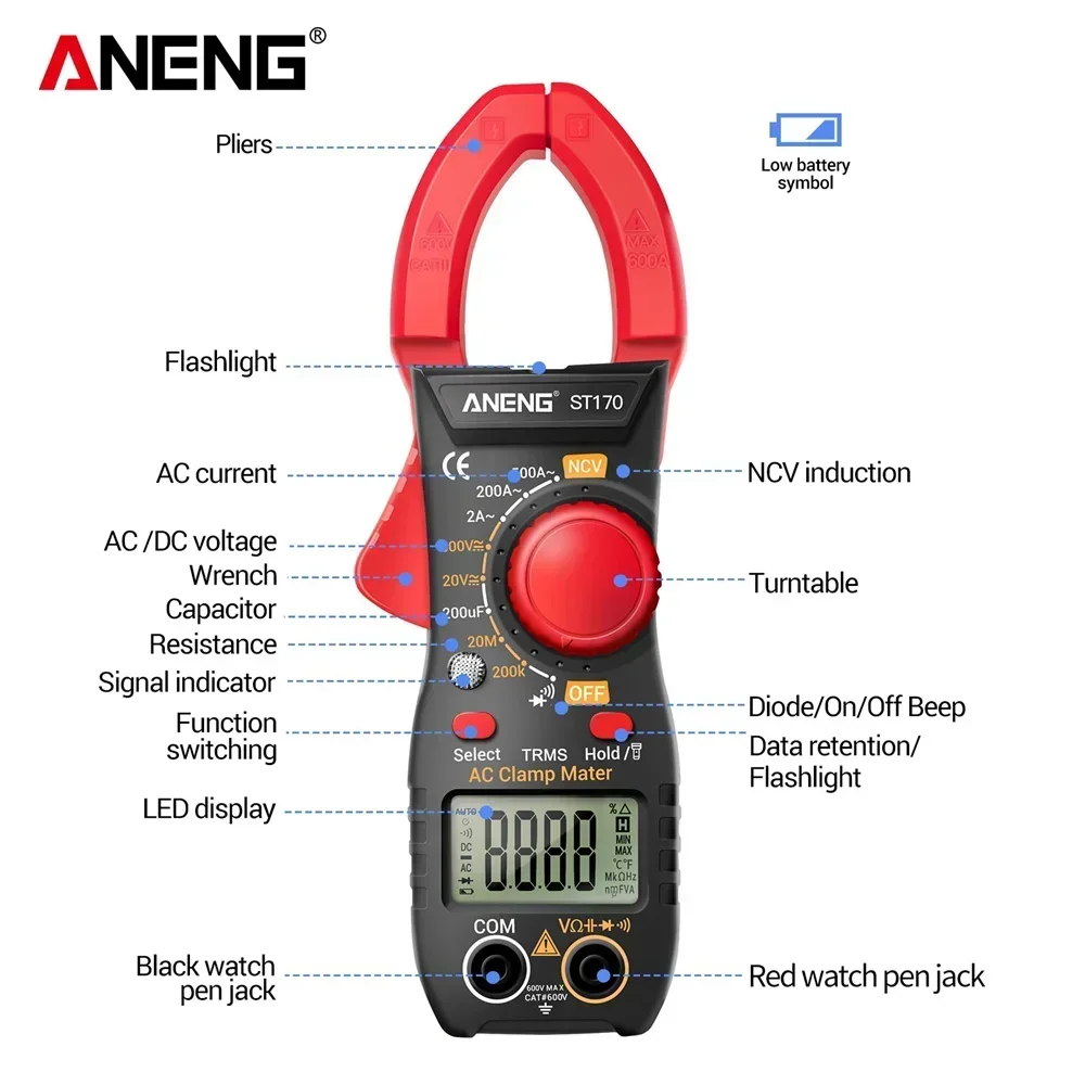 

ANENG ST170 Digital Clamp Meter Tester 1999 Counts AC/DC Voltage voltmeter Hz Capacitance NCV Ohm Diode Tester Tools Multimeter