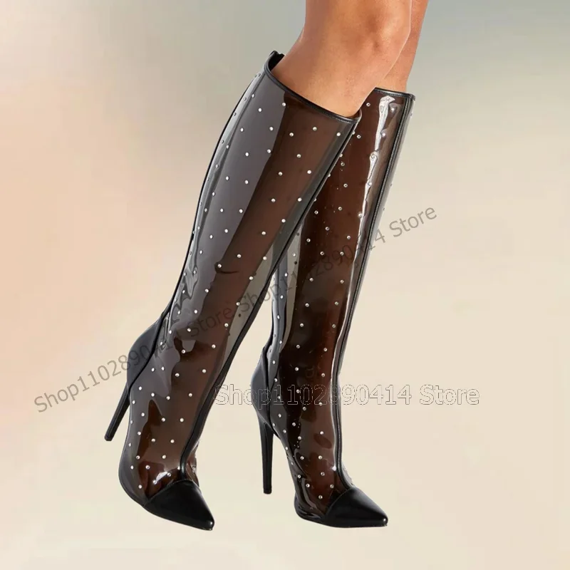 

Rose Red Black Rivets Decor PVC Pointed Toe Boots Back Zipper Women Shoes Thin High Heels Fashion Party 2025 Zapatos Para Mujere