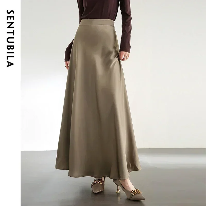 SENTUBILA Luxury Style Satin Skirts Women 2024 Autumn Temperament Ruffles High-waist Zipper Evening Party Midi Skirt 133Q51734