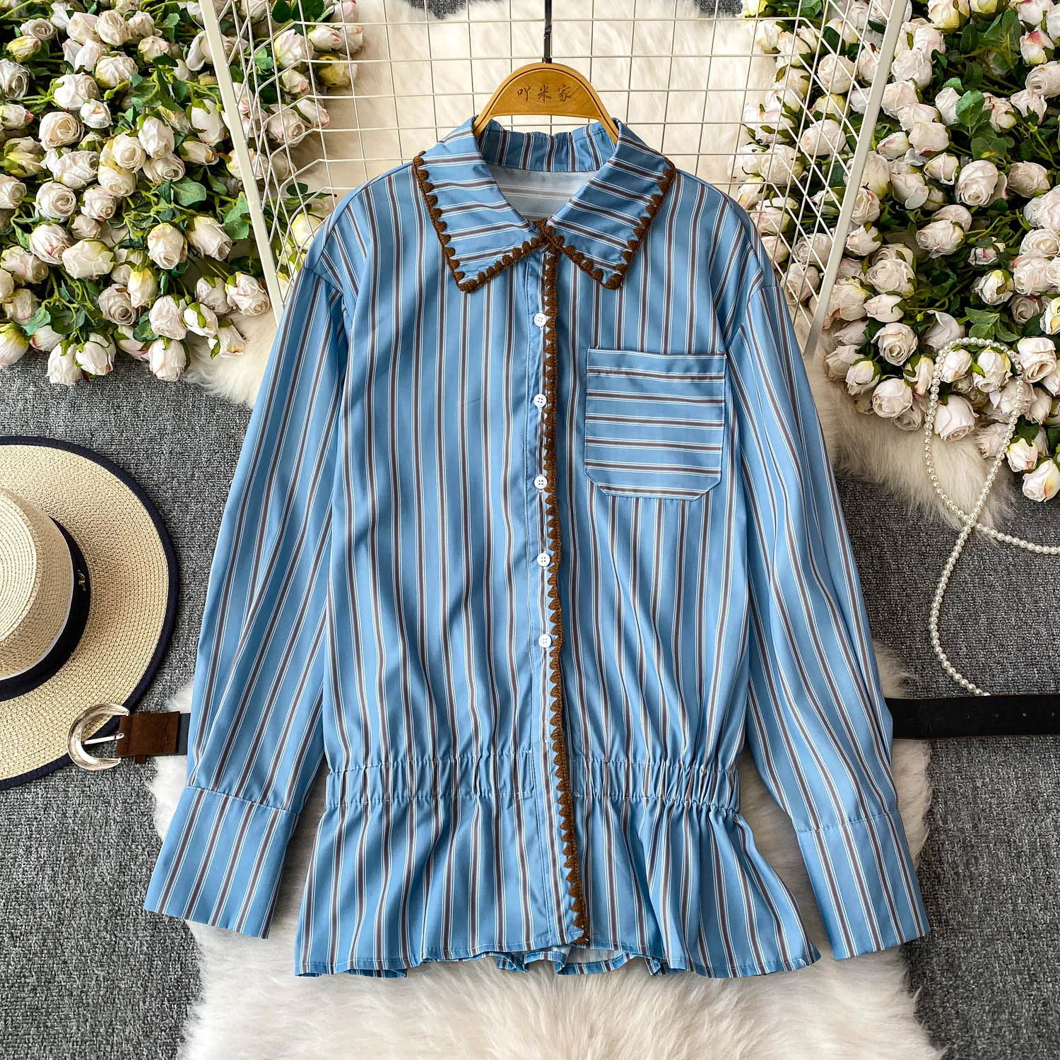 

SuperAen Fashion Embroidered Polo Collar Shirt Women Autumn New Design Belt Elastic Waist Ruffled Blue Striped Shirts