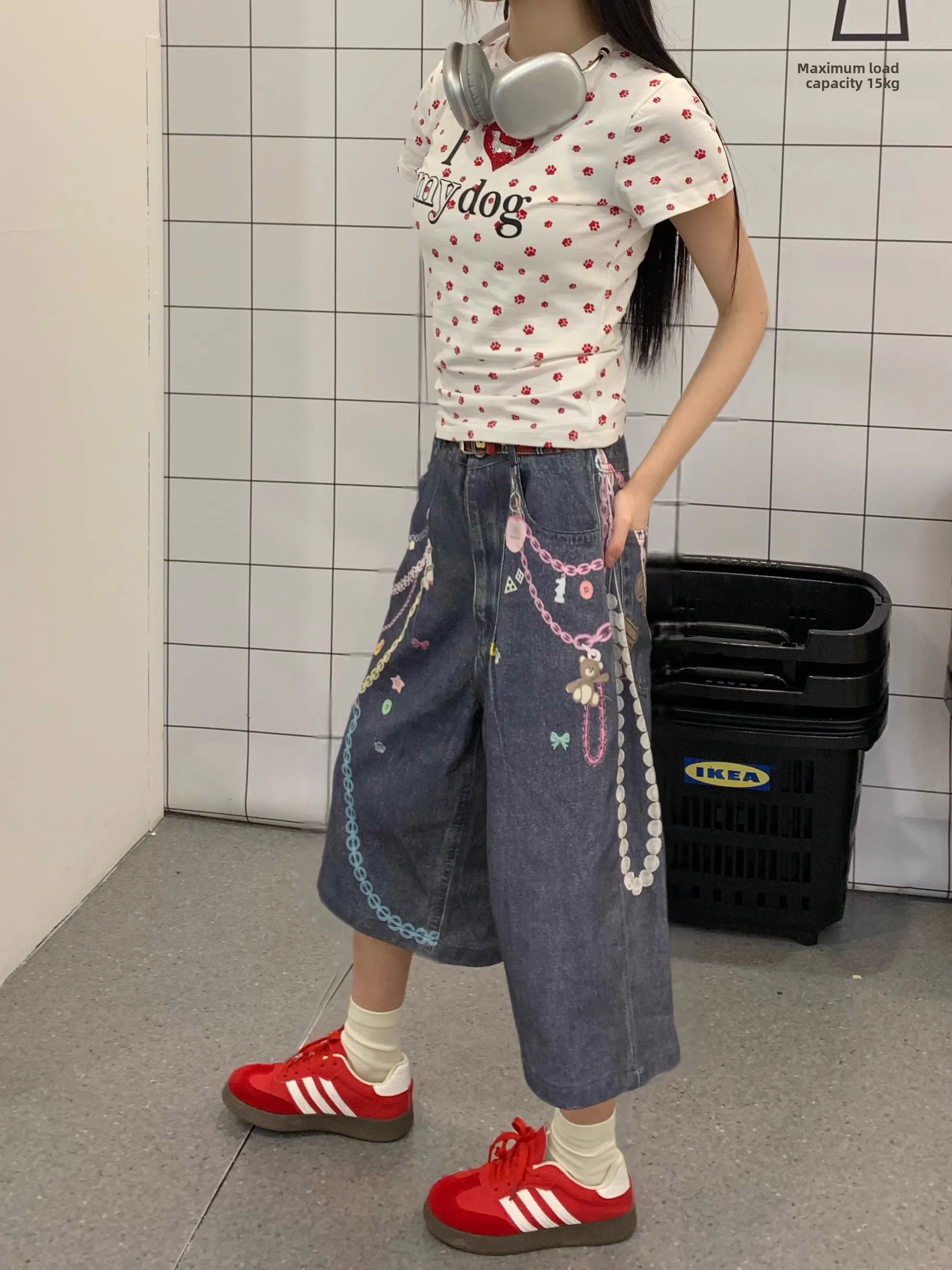 

HUS Original American Trendy Chain Print Loose Casual Wide Leg Jeans orts for Men Summer Wear Resistant