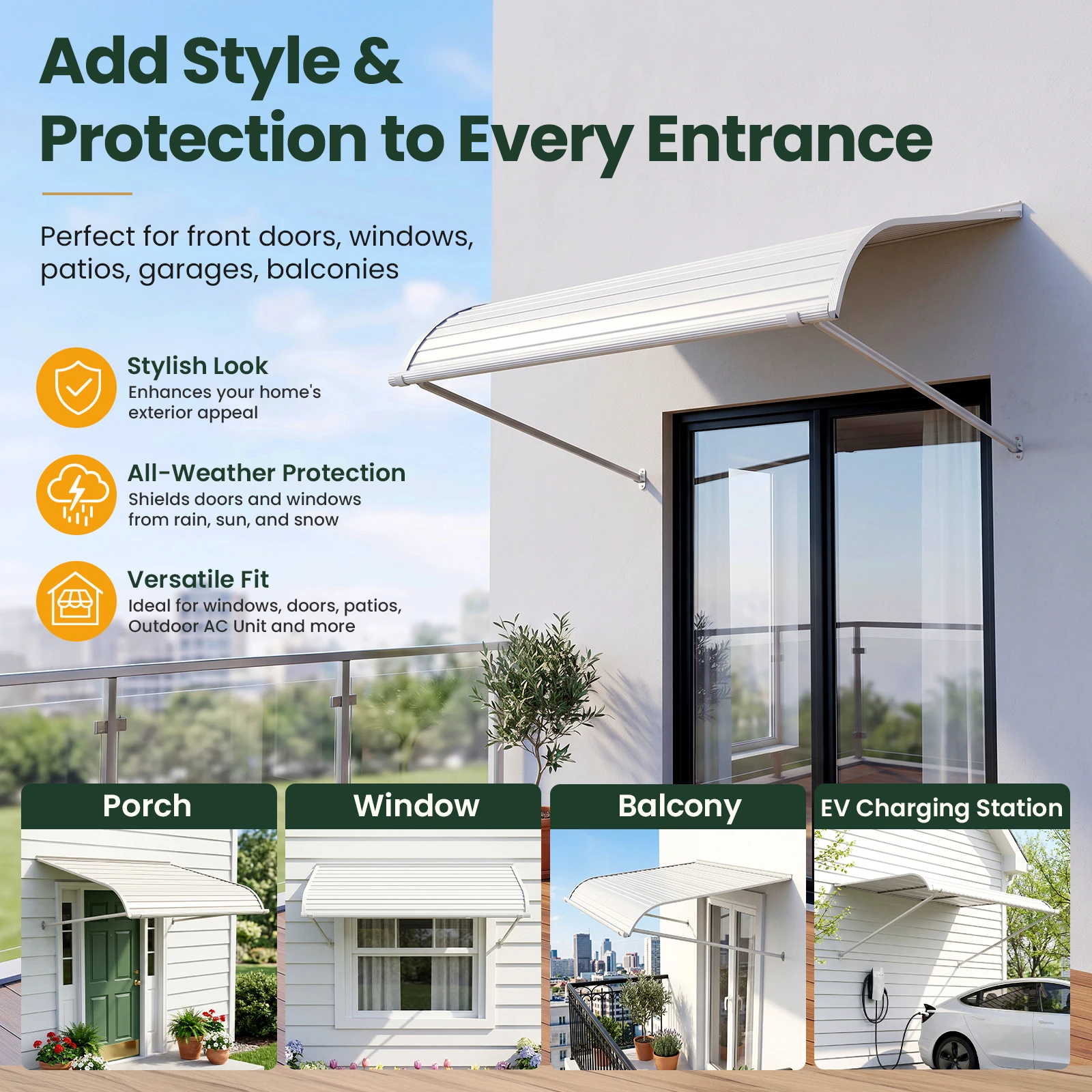 Aluminum Window Door Awning, Wall‑Mounted Outdoor Canopy Sun Rain Shelter With Water Drainage For Home Entrance view 5