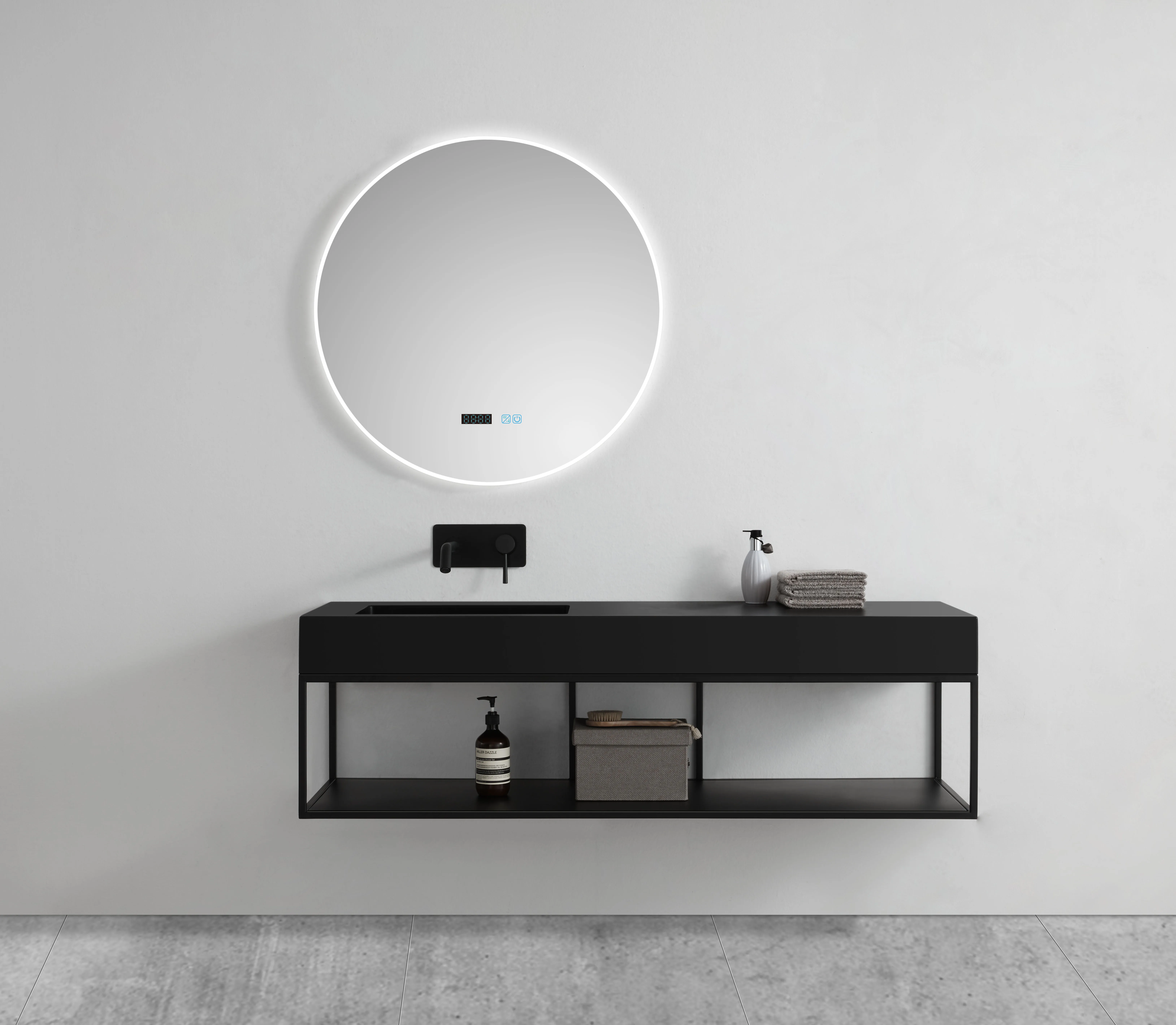 Modern Single Sink Floating Vanity Set Wall-Mounted Matte White Slate Bathroom Cabinet Mirror Rectangular Basin Includes Drainer