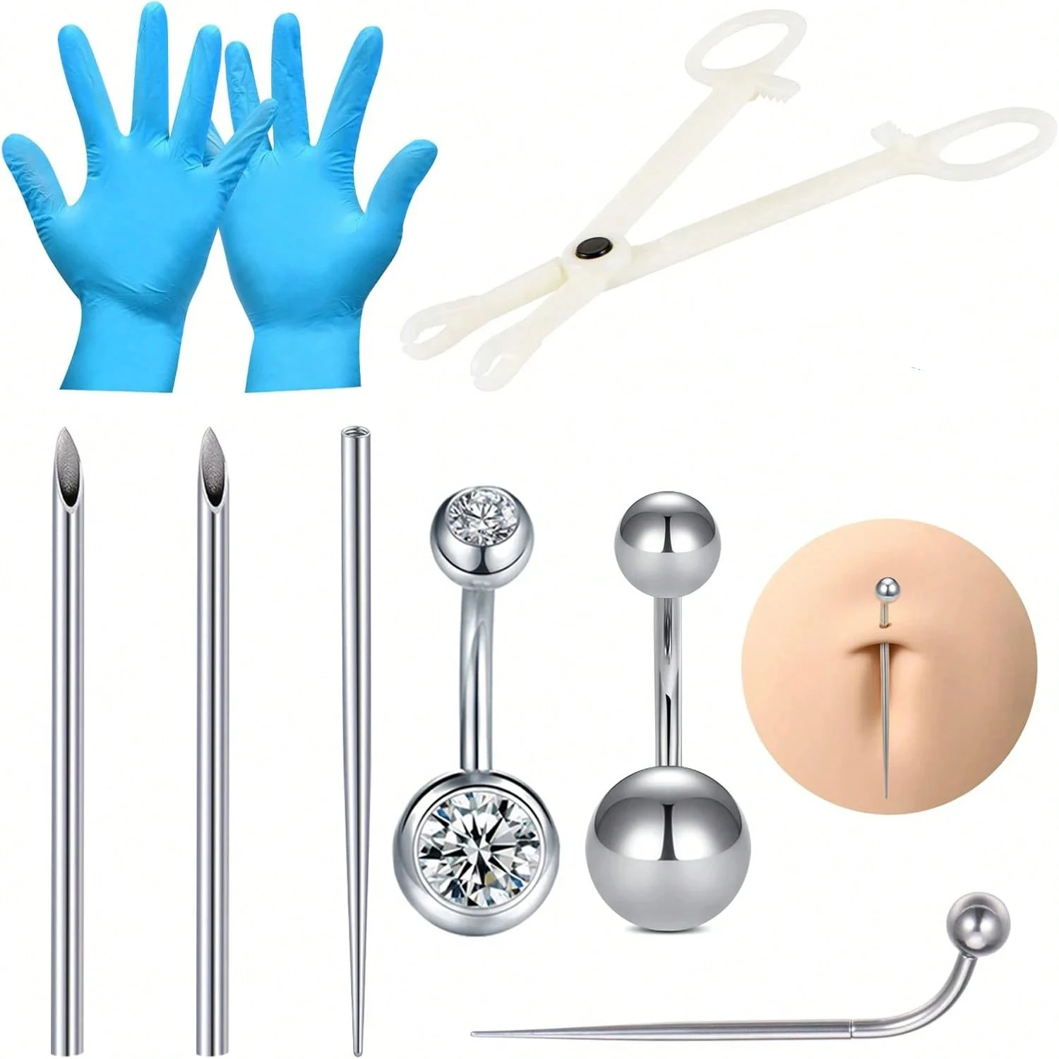 7pcs Piercing Tool Kit Disposable Stainless Steel Needles Clamps Taper For Belly Button/Nose Septum/Nipple/Tongue/Eyebrow/Lip