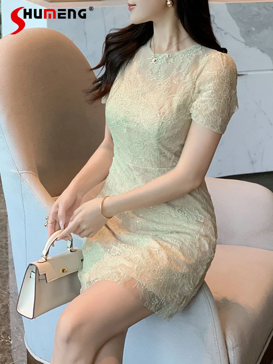 

Fashion 2024 Summer Lace Mesh Short Sleeve Three-Dimensional Petals Socialite Temperament Female Slim High-End Solid Color Dress