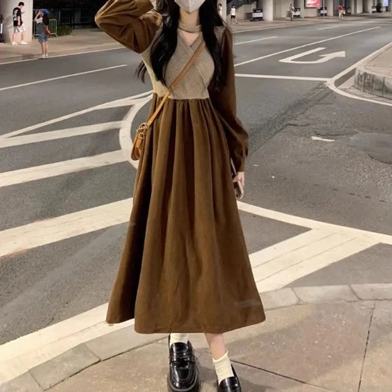 Vintage V-Neck Knitted Patchwork Dresses Female Clothing Elegant Long Sleeve Autumn Winter Commute A-Line Solid Color Midi Dress