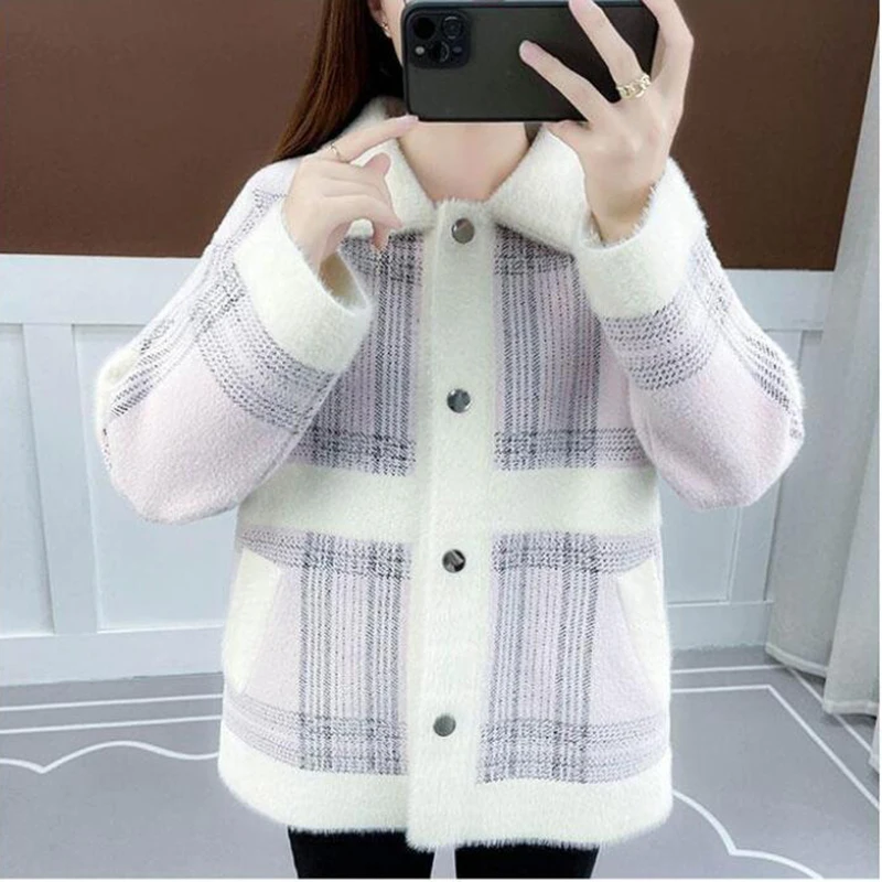 2023 Autumn Winter New Imitate Mink Velvet Sweater Women Jacket Fashion Single-Breasted Coat Female Casual Outerwear Ladies Tops