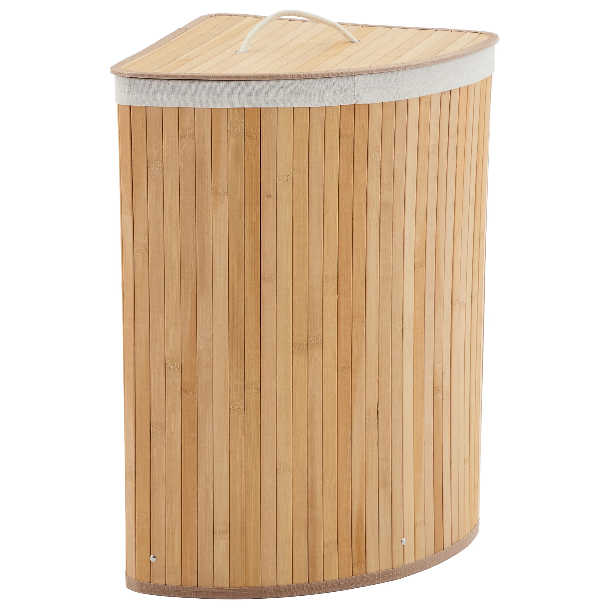 Corner Laundry Hamper with Lid, 15.5 Gallon/58 Liter Large Foldable Bamboo Laundry Basket with Washable Liner Bag, Wicker Clothes Hamper for Bedrooms Bathrooms Apartments - Dark Brown/Beige