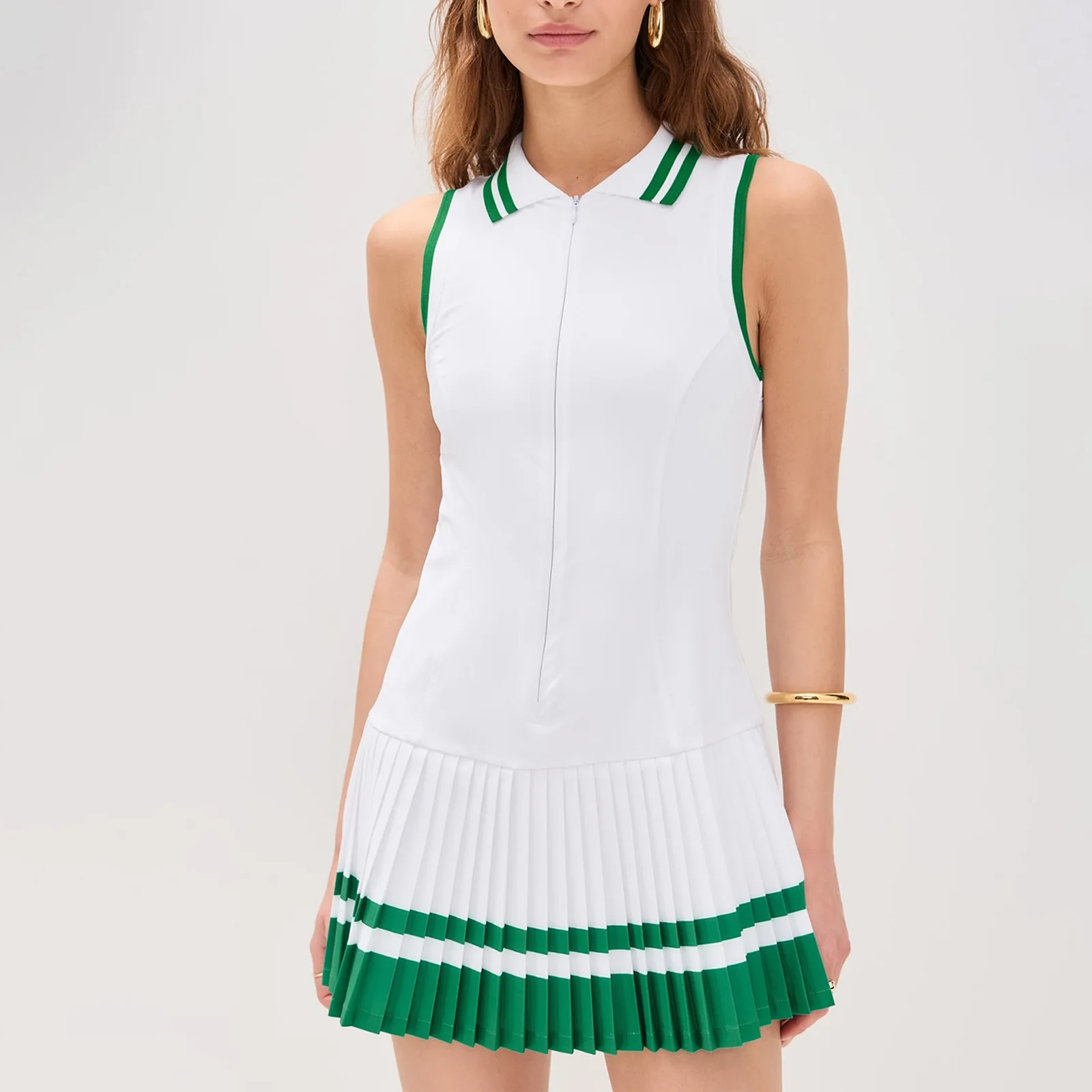 Women Tennis Dress Golf Dress Zipper Pleated with Built-in Bra Shorts One-Piece Slim Fit with Pockets Badminton Sports Dress