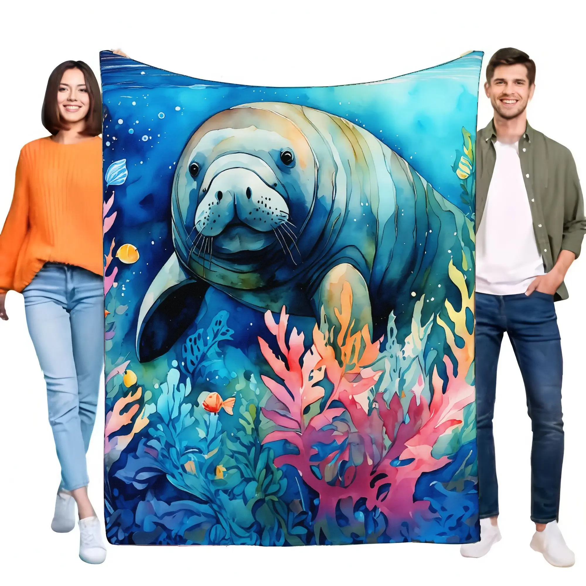 Manta colorida de manatí, suave y acogedora para sofá cama, diseño ligero y cálido de arrecife de coral, regalo perfecto para amantes de los animales, hogar