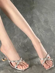 Shoes Low Woman's Slippers Slides Jelly Flip Flops 2025 Glitter Summer Rome Crystal Silk Scandals Rubber PU Fabric Hoof Heels