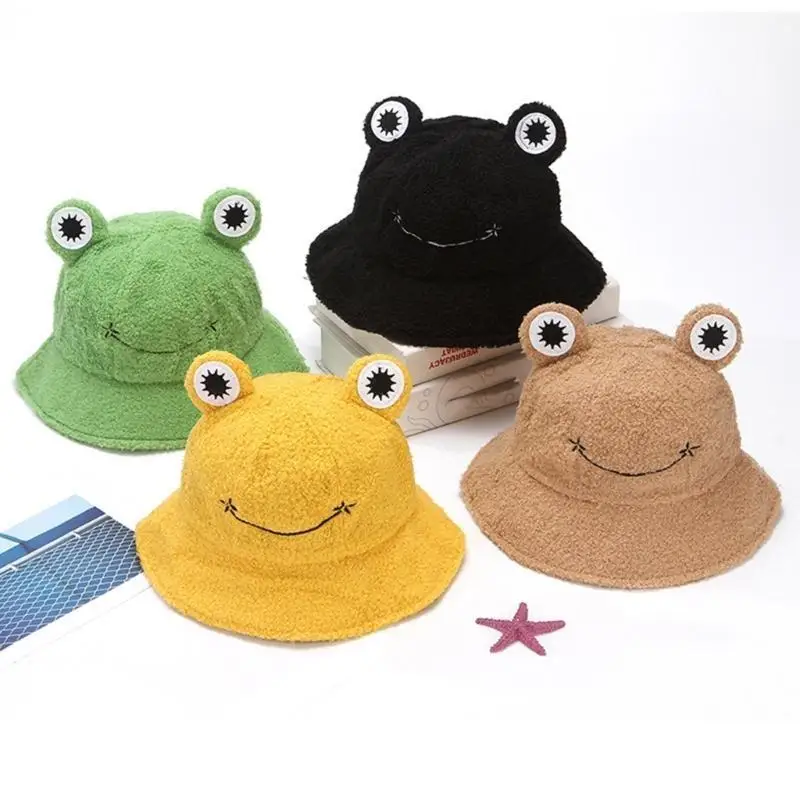 31BB Women Winter Plush Bucket Hats Cartoon for Frog Design Hat Warm Outdoor Fisherman Caps for Girls 4 Colors