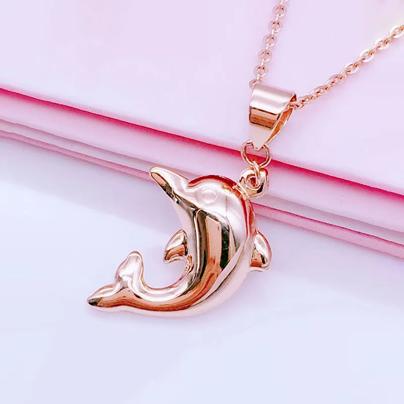 585 Purple Gold Classic Cute Glossy Dolphin Pendant Simple Plating 14K Rose Gold Little Fish Necklace for Women Fine Jewelry