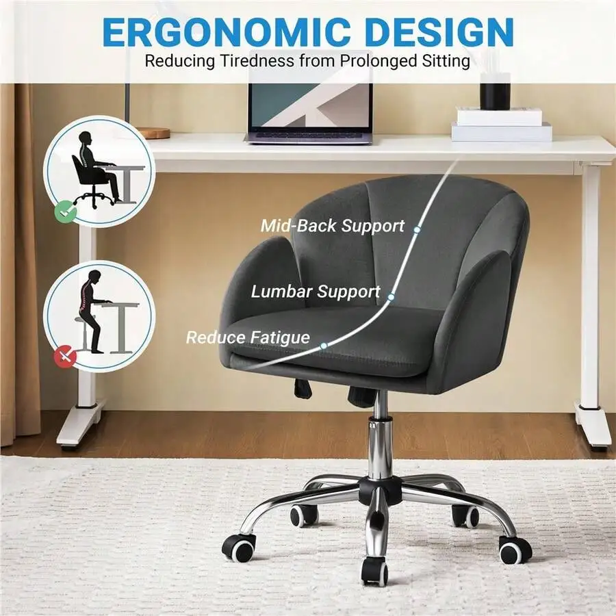 1PC Modern Velvet Upholstered Desk Office 24' W*24' D Vanity Chair Armrests 360° Swivel Rolling Height Adjustable Tilt Dual-Laye