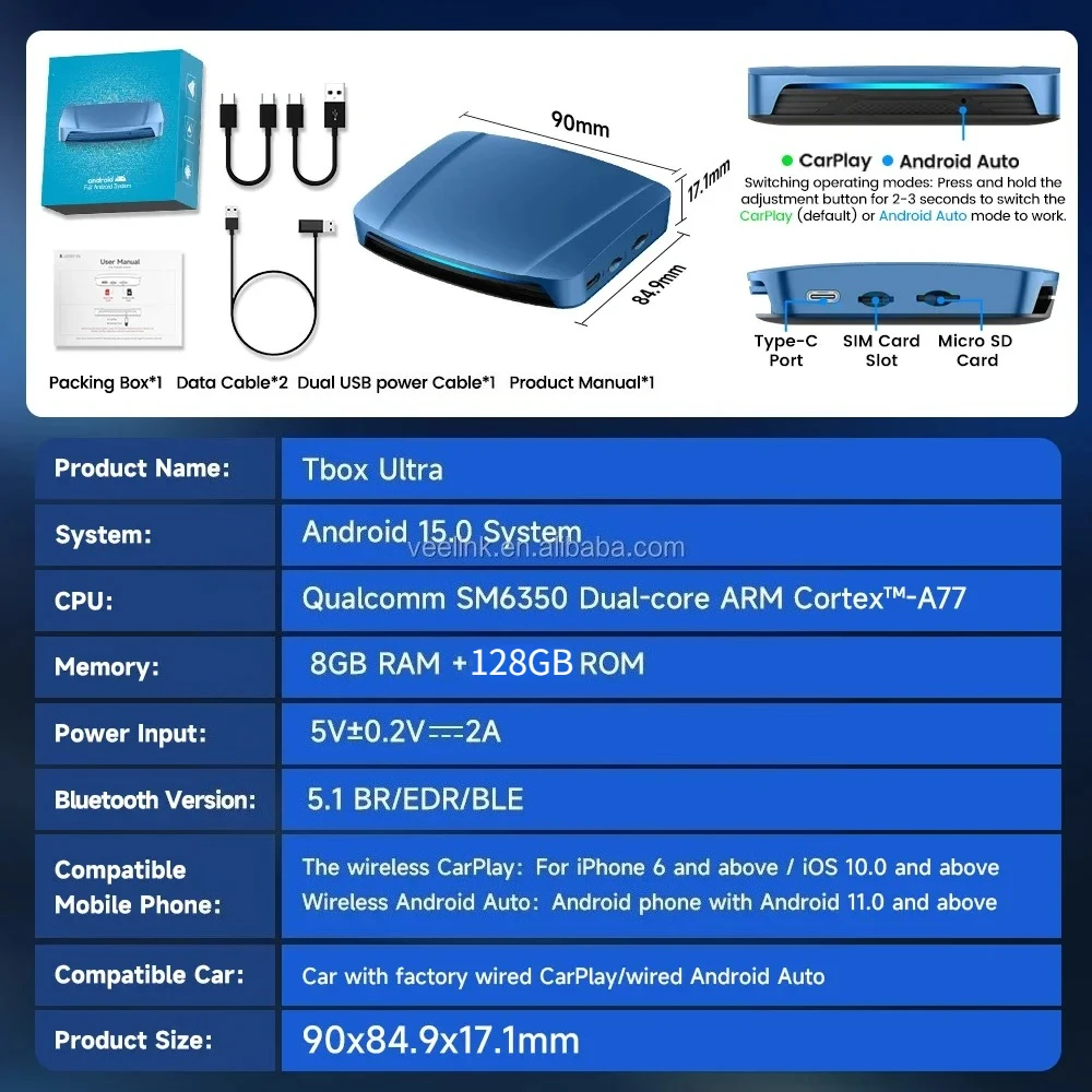 Disponibile carlinkit ultra Android 15 Tbox Carplay Ai Box 8g 256gb 5g 2.4g 2160p SM6350 Tv Car Play Aibox per adattatore wireless