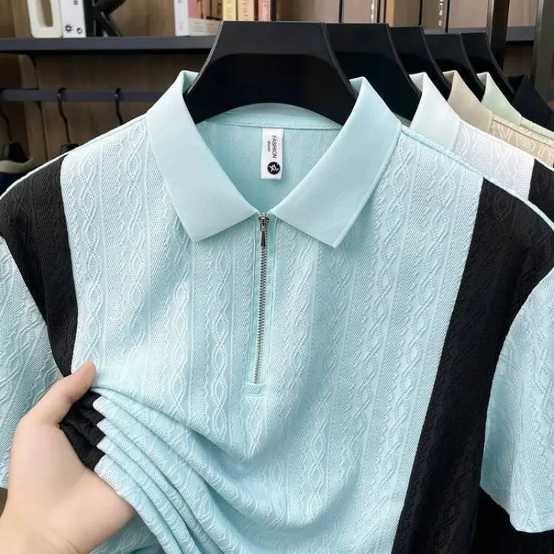 Men Casual Jacquard Zip Polo Shirt Breathable Color Block Short Sleeve Daily Tops