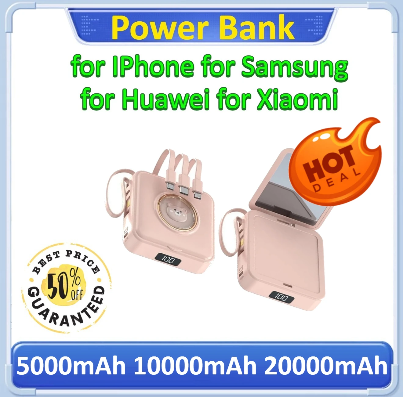 

Beauty Mirror Cartoon with Cable Mini Portable Power Bank Suitable For IPhone For Xiaomi For Samsung 5000mAh 10000mAh 20000mAh