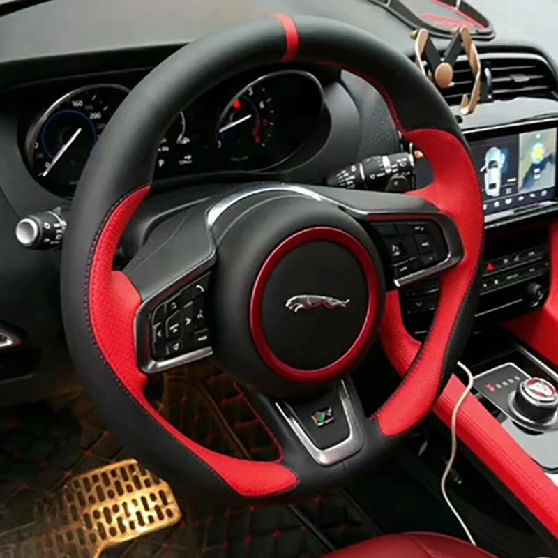 

DIY Hand-Sewn Alcantara Black Red Leather Car Steering Wheel Cover For Jaguar XFL F-TYPE F-PACE XE XF XJL E-PACE Car Accessories