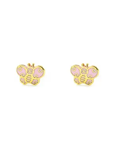 Earrings baby/girl gold 9k butterfly pink enamel