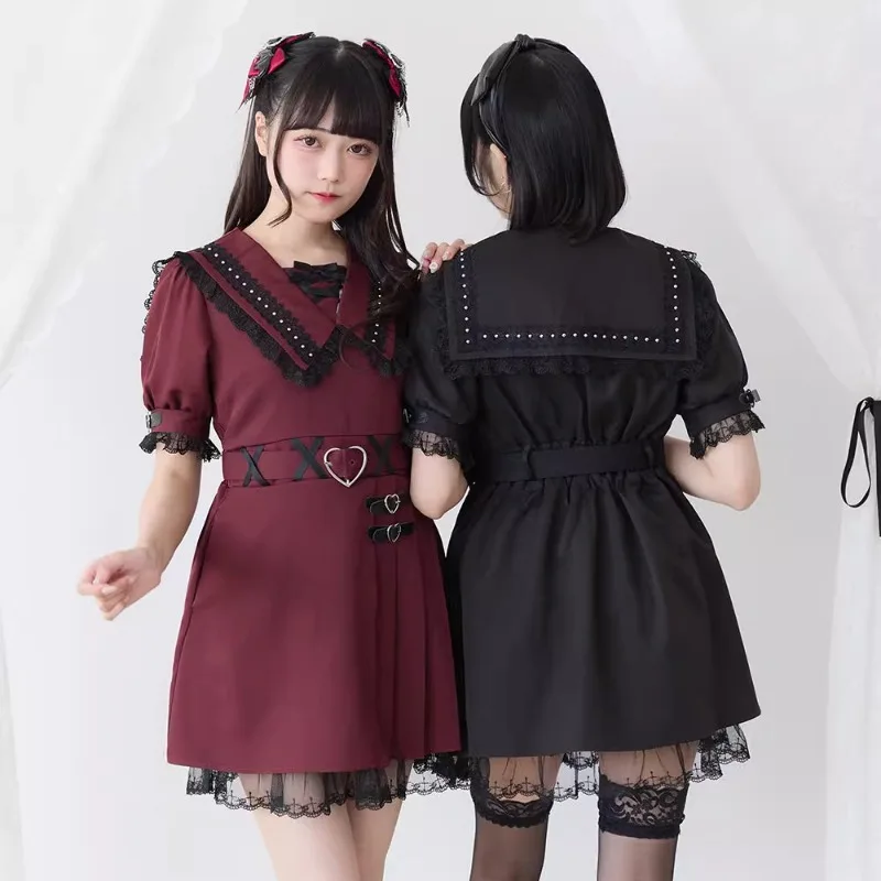 New Japanese SC Rojita Retro Plaid Dress Super Cute Lace Edge Love Decoration V-neck Thin Dresses Mine Series Vestidos De Mujer