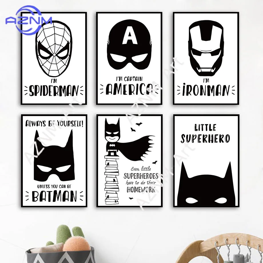 Wall Art Canvas Painting Bat Comic Black White Superhero Movie Nordic Posters And Prints Boy Kids Pictures Baby Kids Room Decor