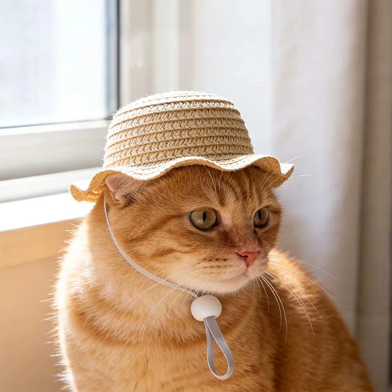 Niedlicher Strohhut für Haustiere, Mini-Sonnenhut für Katzen, Hunde, Welpen, Kätzchen, Outdoor-Sonnenschutzkappe, Haustier-Cosplay-Kostümzubehör – Detail 4