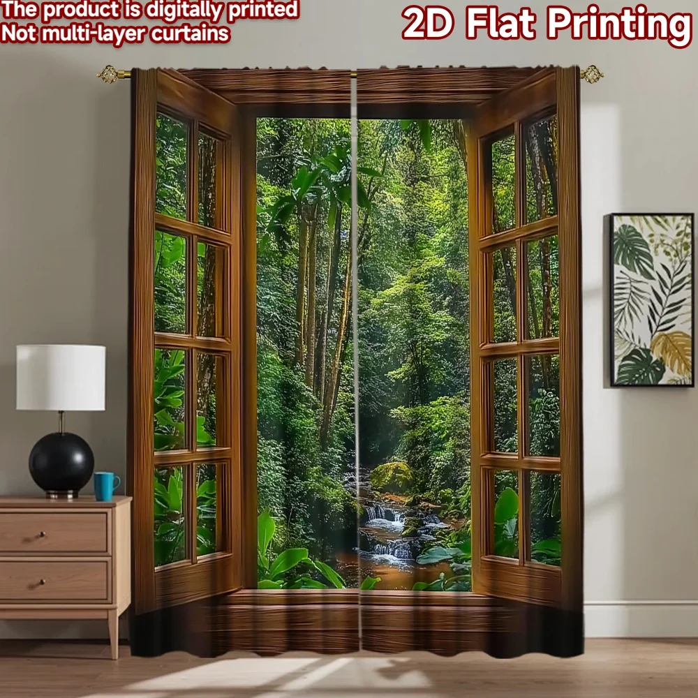2D flat 2pcs Curtain Retro Country Style Open Forest Stream Digitally printed polyester Birthday Party Use for Holiday Portraits
