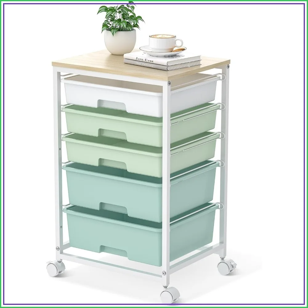 

5-Drawer Rolling Utility Cart with Wooden Top & Lockable Wheels, Storage Trolley for Office, Craft Room, Light Green