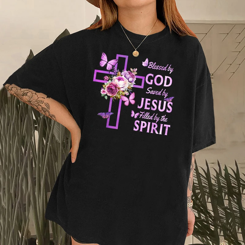 

Blessed By God Saved By Jesus Purple Floral Cross Christian Jesus God Christian T Shirt Women's Blouse Oversize Short Sleeve Tee