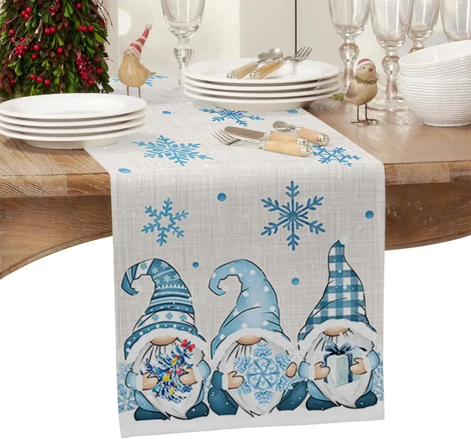 Christmas Blue Gnomes Winter Snowflake Theme Table Runner Festival Holiday Party Decoration Reusable Kitchen Dining Home Decor