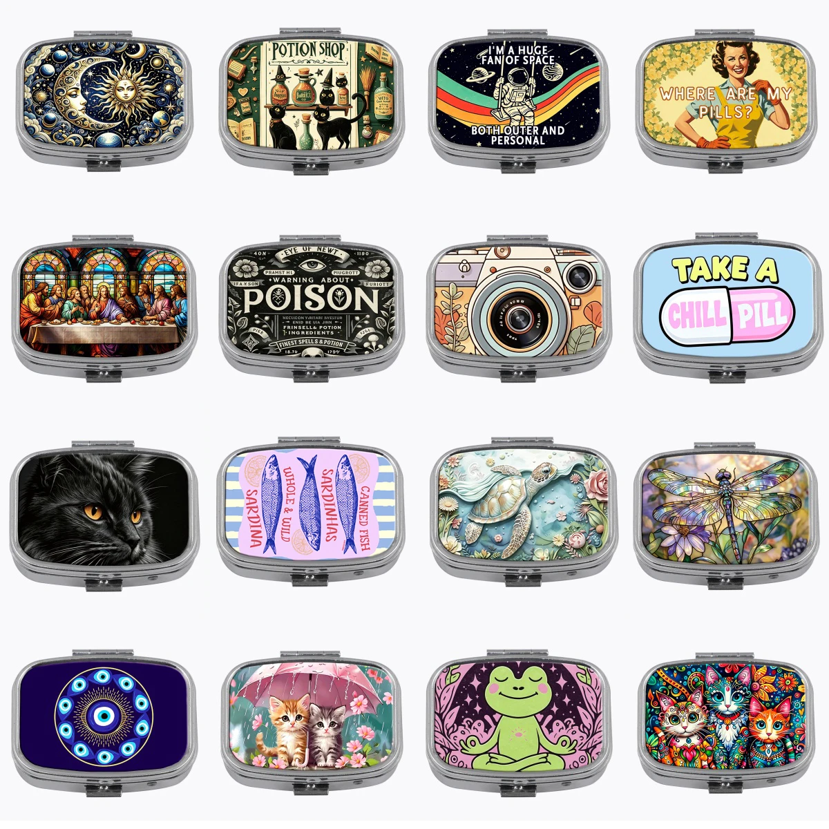 Cute Sardines Print Pill Box 2-Compartment Medicine Pill Organizer Cartoon Cat Portable Medicine Storage Box Travel Accessories