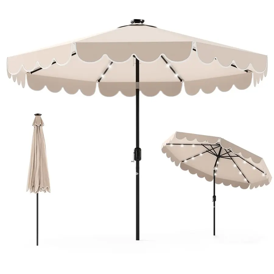 

9 FT Solar Patio Umbrella, 2Tiers Scalloped Outdoor Table Market Umbrella with 32 LED Lights, Vented Top, Tilt Adjustment, Crank