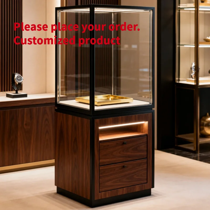 custom.Luxury Walnut Wood Jewelry Display Cabinet Watch Showcase with LED Light Pedestal Glass Retail Shop Furniture Drawer